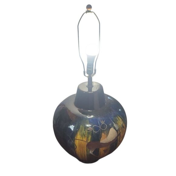 Vintage Mid Century Modern Table Lamp Gazelle Ram Drip Glaze Pottery Pleat Shade - Picture 6 of 14